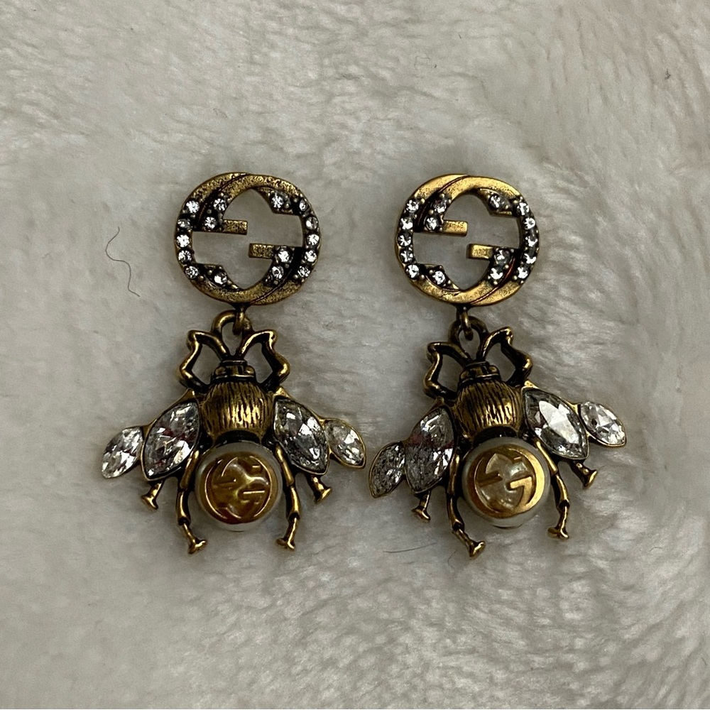 Gucci Interlocking “G”- Bee Dangle Earrings- Crystal and faux Pearl - Picture 2 of 6